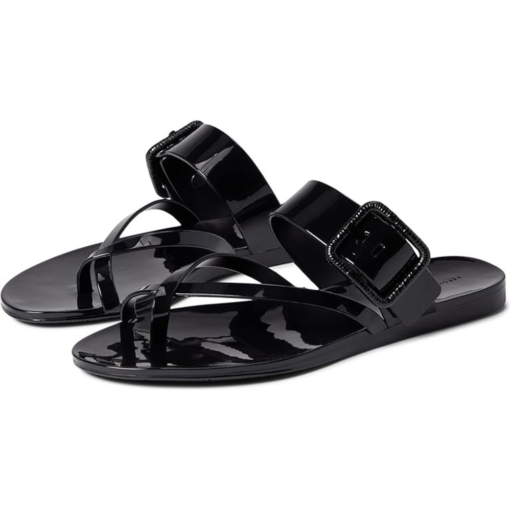 Veronica Beard Black Salva Jelly Buckle Slide Sandals Patent Vacation Resort 6 - Picture 2 of 8